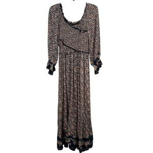 Angie‎ Ditsy Floral Print Maxi Dress Smocked Long Sleeve Bohemian Chic Ruffle